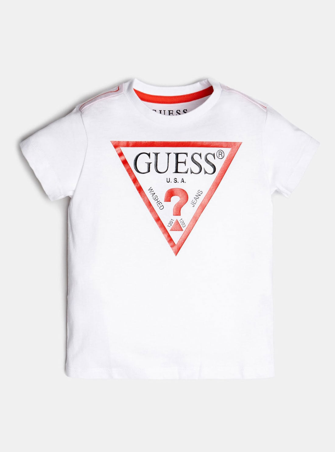 GUESS Short Sleeve Triangle Logo White Little Boy Tee Front View