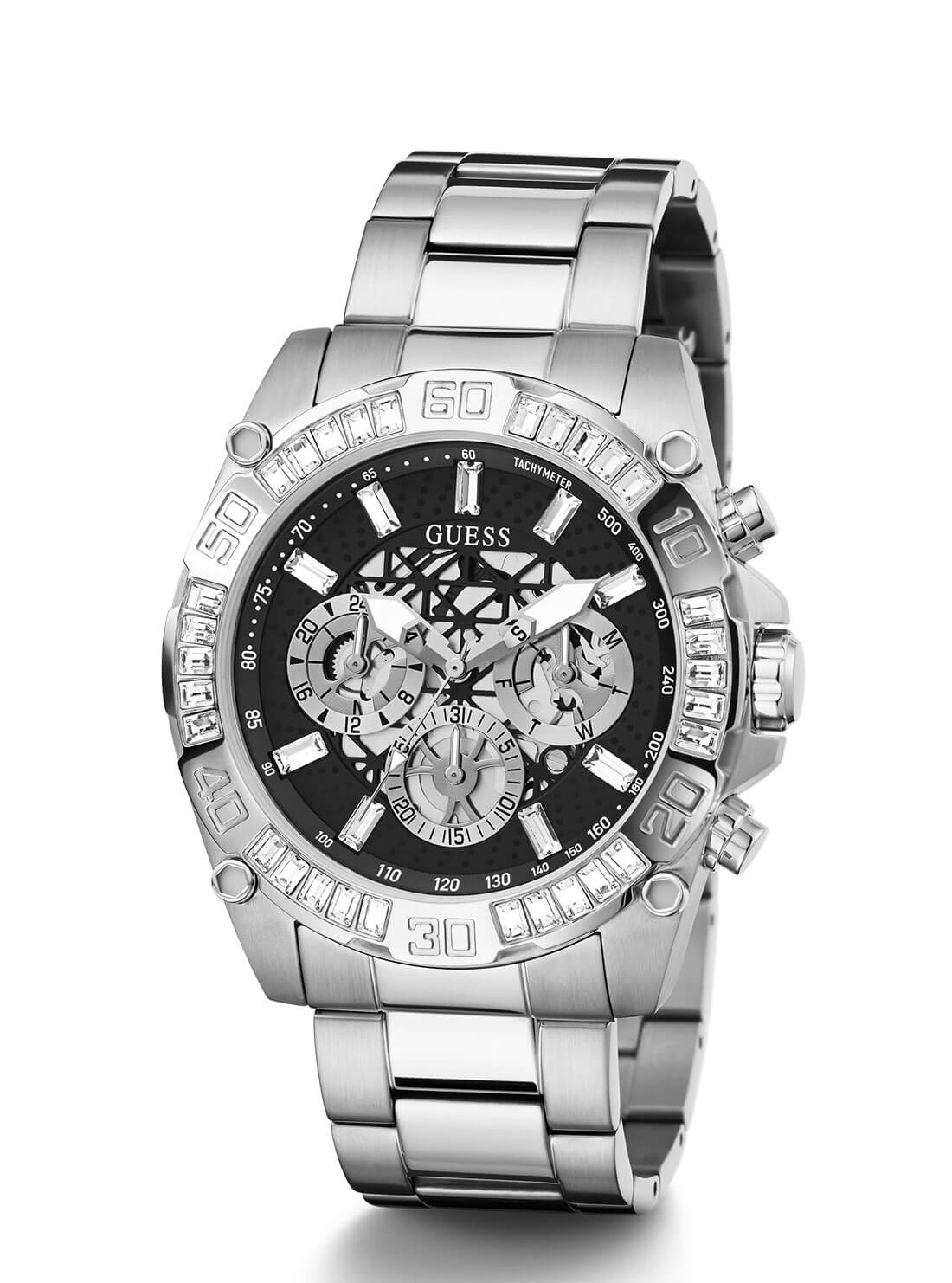    GUESS Mens Silver Trophy Watch Front Angle View