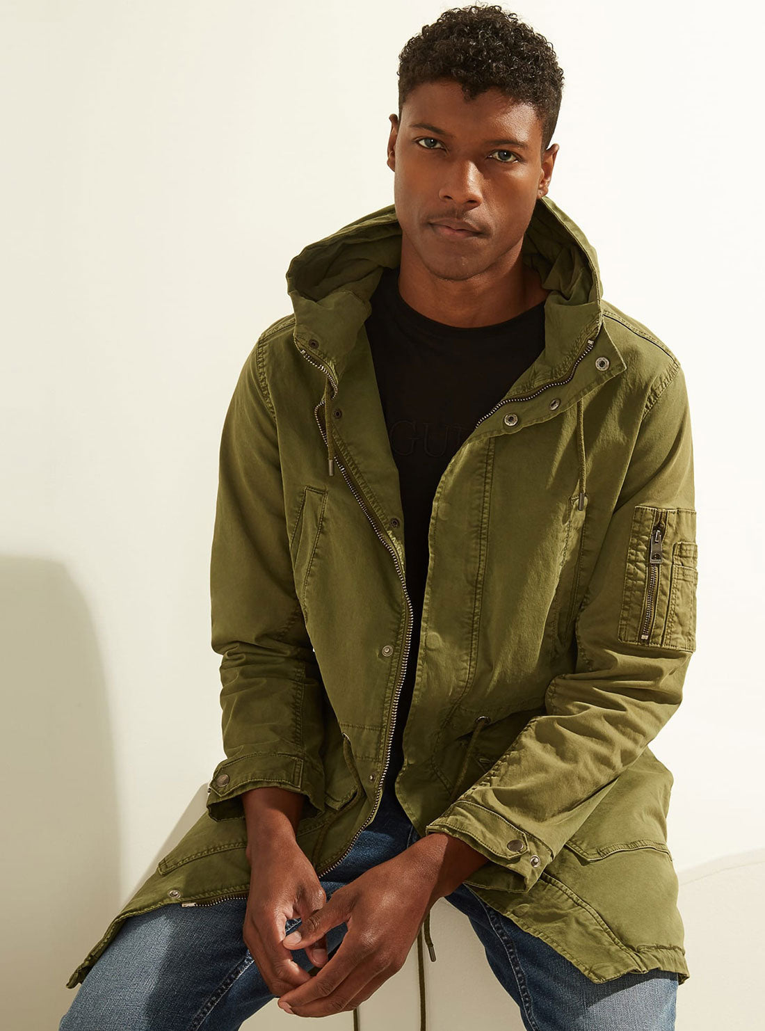 GUESS Twill Hoodie Mens Green Parka Jacket detail view