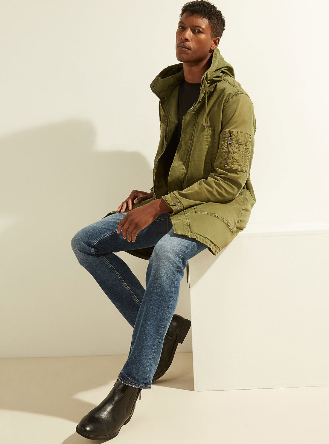 GUESS Twill Hoodie Mens Green Parka Jacket side view