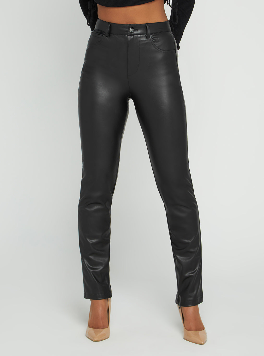 GUESS Women's Black Caroline Faux Leather Pants W2BB11WERD0 Front View