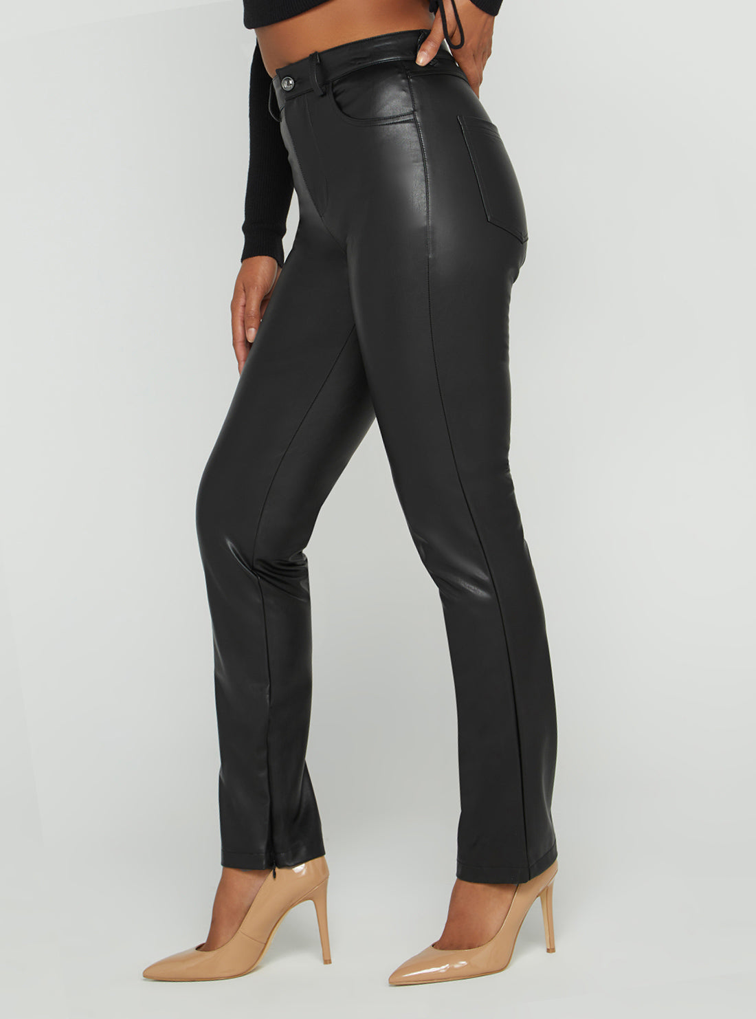 GUESS Women's Black Caroline Faux Leather Pants W2BB11WERD0 Side View