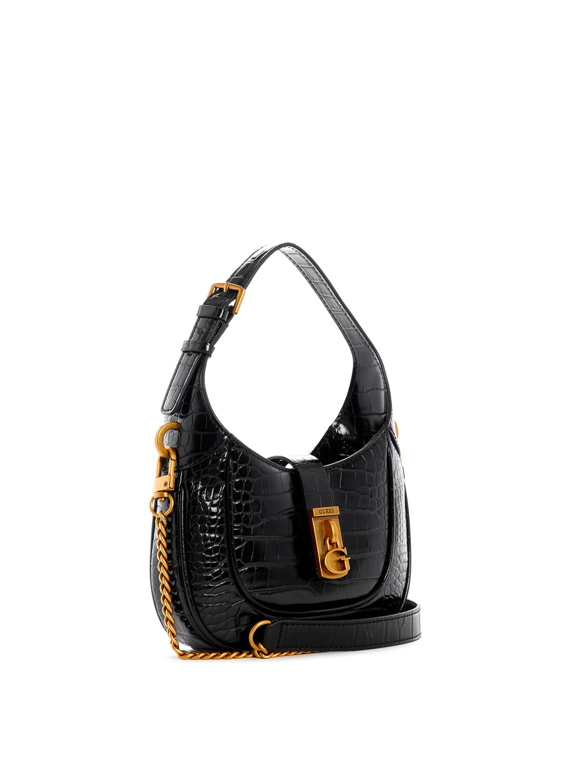 GUESS Women's Black Croco Maimie Mini Hobo Bag CB840977 Front Side View