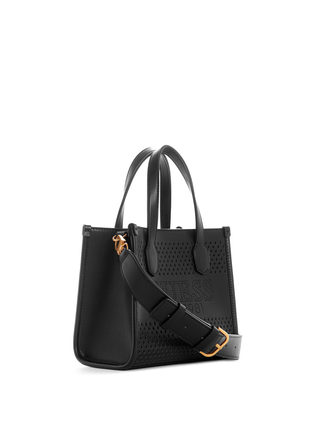 GUESS Women's Black Katey Perf Mini Tote Bag WH876976 Front Side View