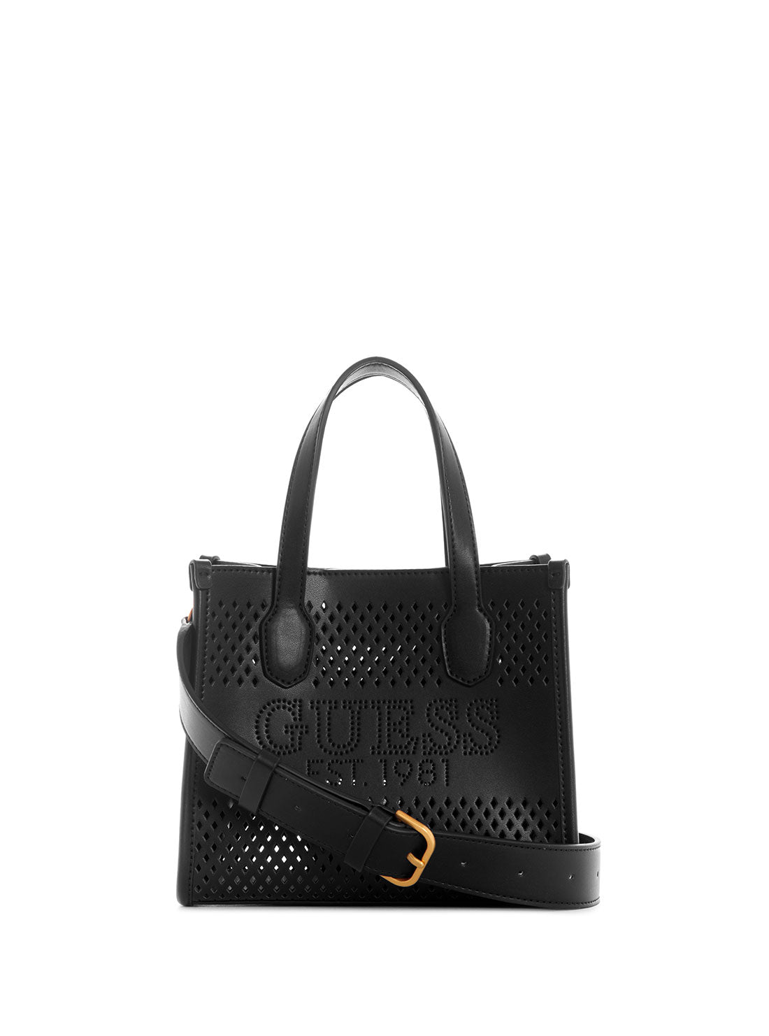 GUESS Women's Black Katey Perf Mini Tote Bag WH876976 Front View