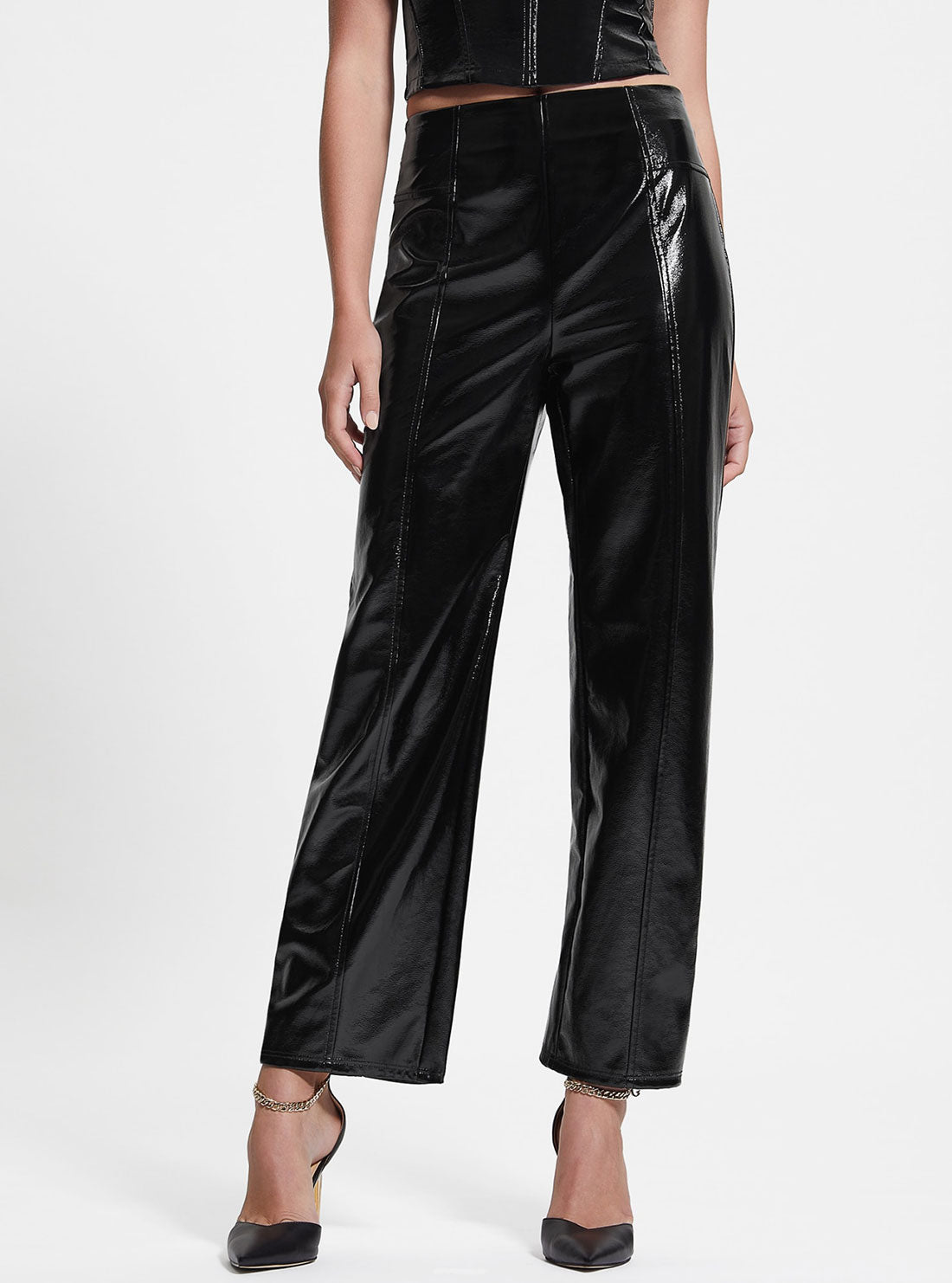 GUESS Women's Black Monica Faux Leather Pants W3RB23KBJL0 Front View