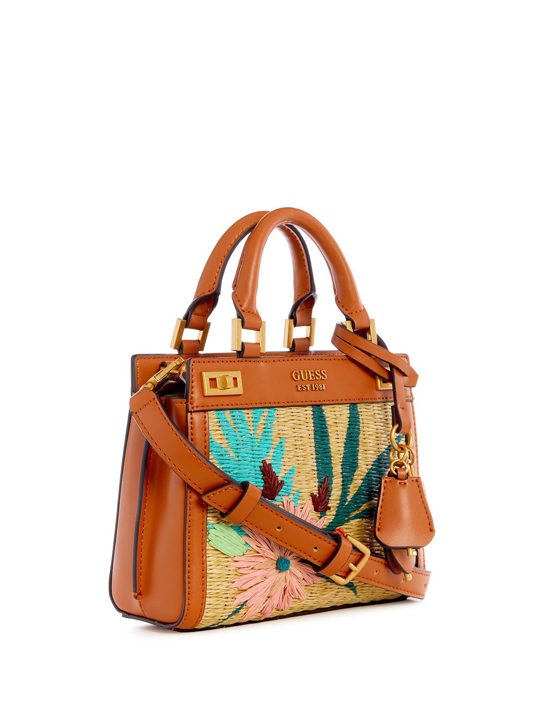 GUESS Women's Cognac Floral Katey Mini Satchel Bag WA787073 Front Side View