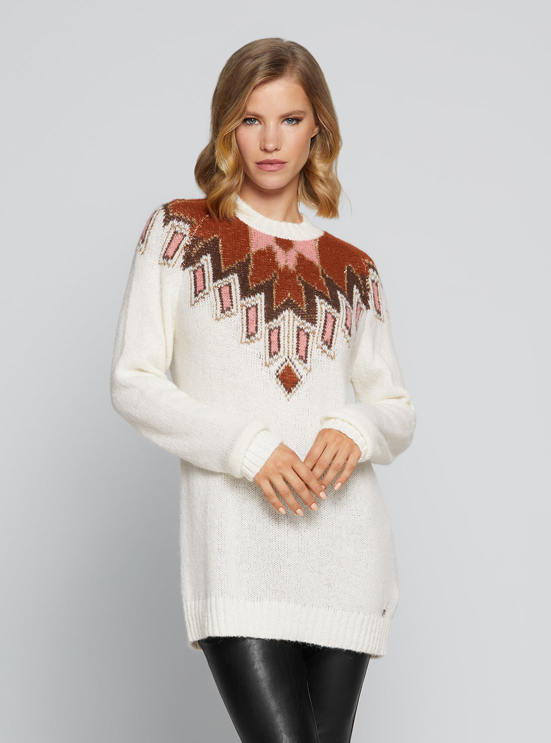 GUESS Women's Cream Navajo Lux Alexia Knit Jumper W2BR41Z31Y0 Front View