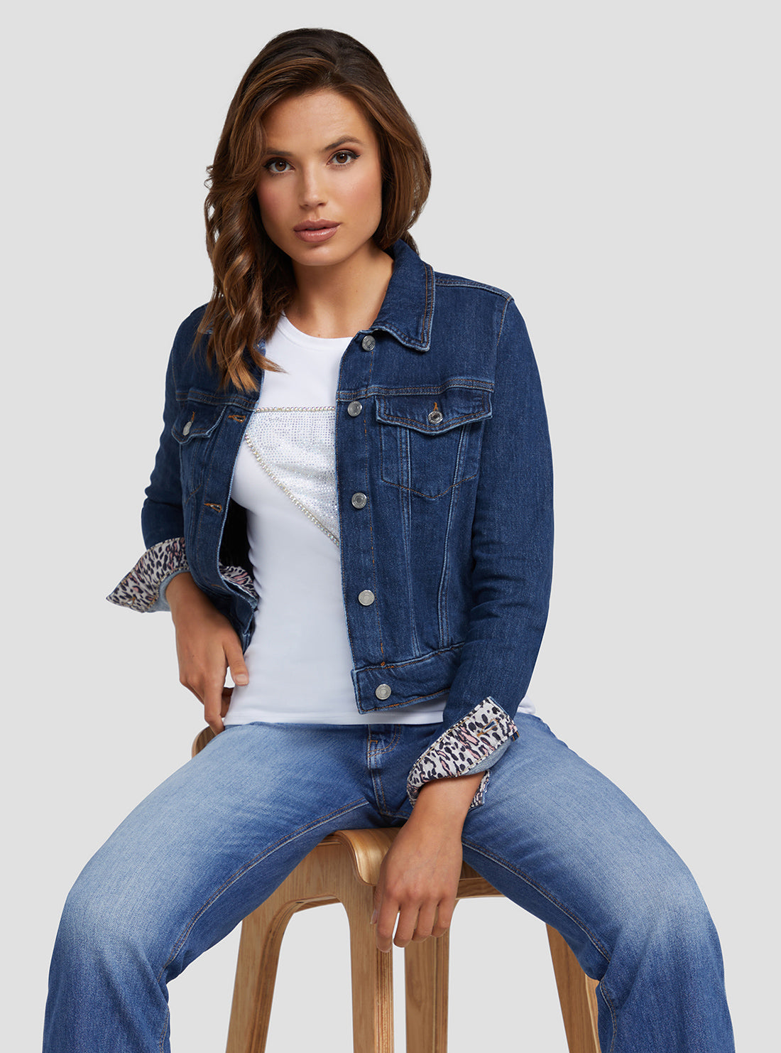 GUESS Women's Eco Denim Focus Delya Jacket W3RN01D4WF1 Seated View