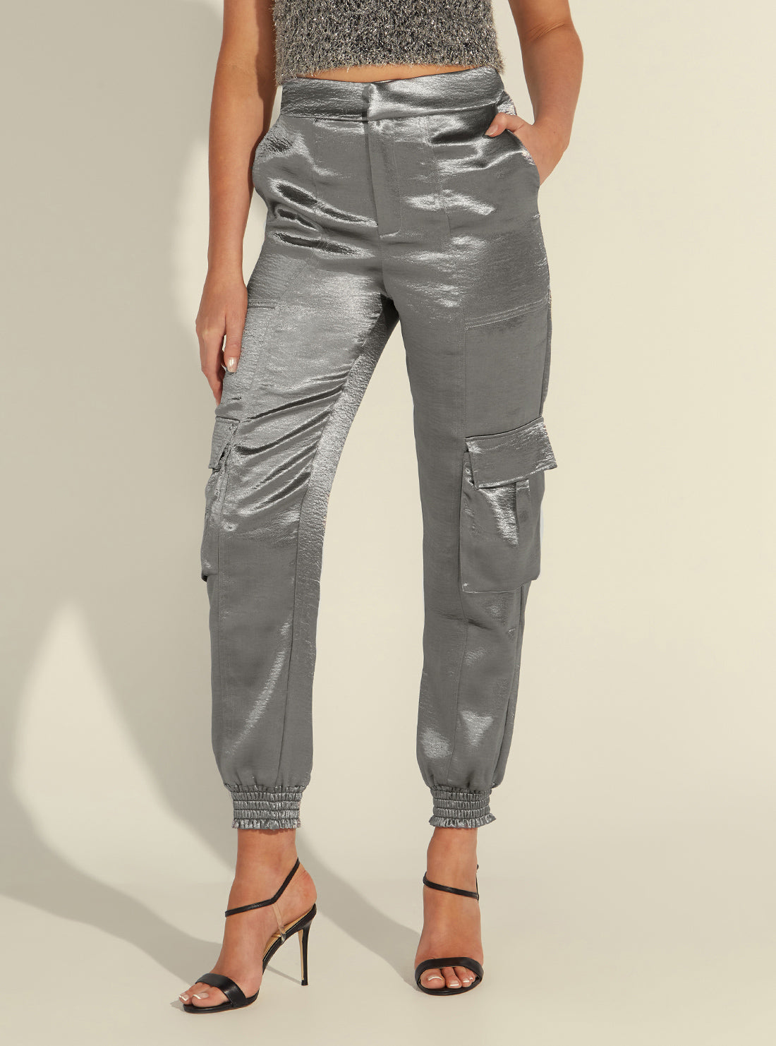 GUESS Women's Eco Grey Soundwave Satin Cargo Pants W3RB40WECV2 Front View