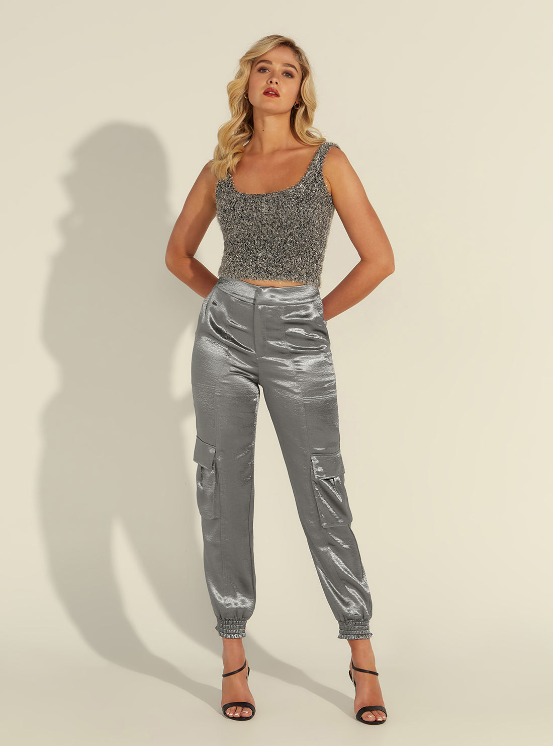 GUESS Women's Eco Grey Soundwave Satin Cargo Pants W3RB40WECV2 Full View