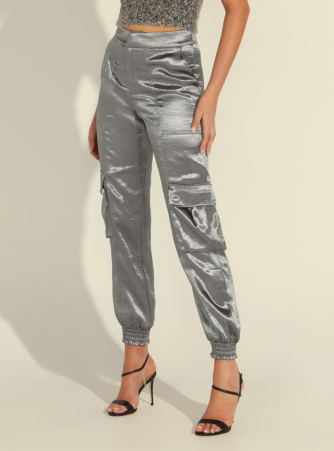 GUESS Women's Eco Grey Soundwave Satin Cargo Pants W3RB40WECV2 Side View