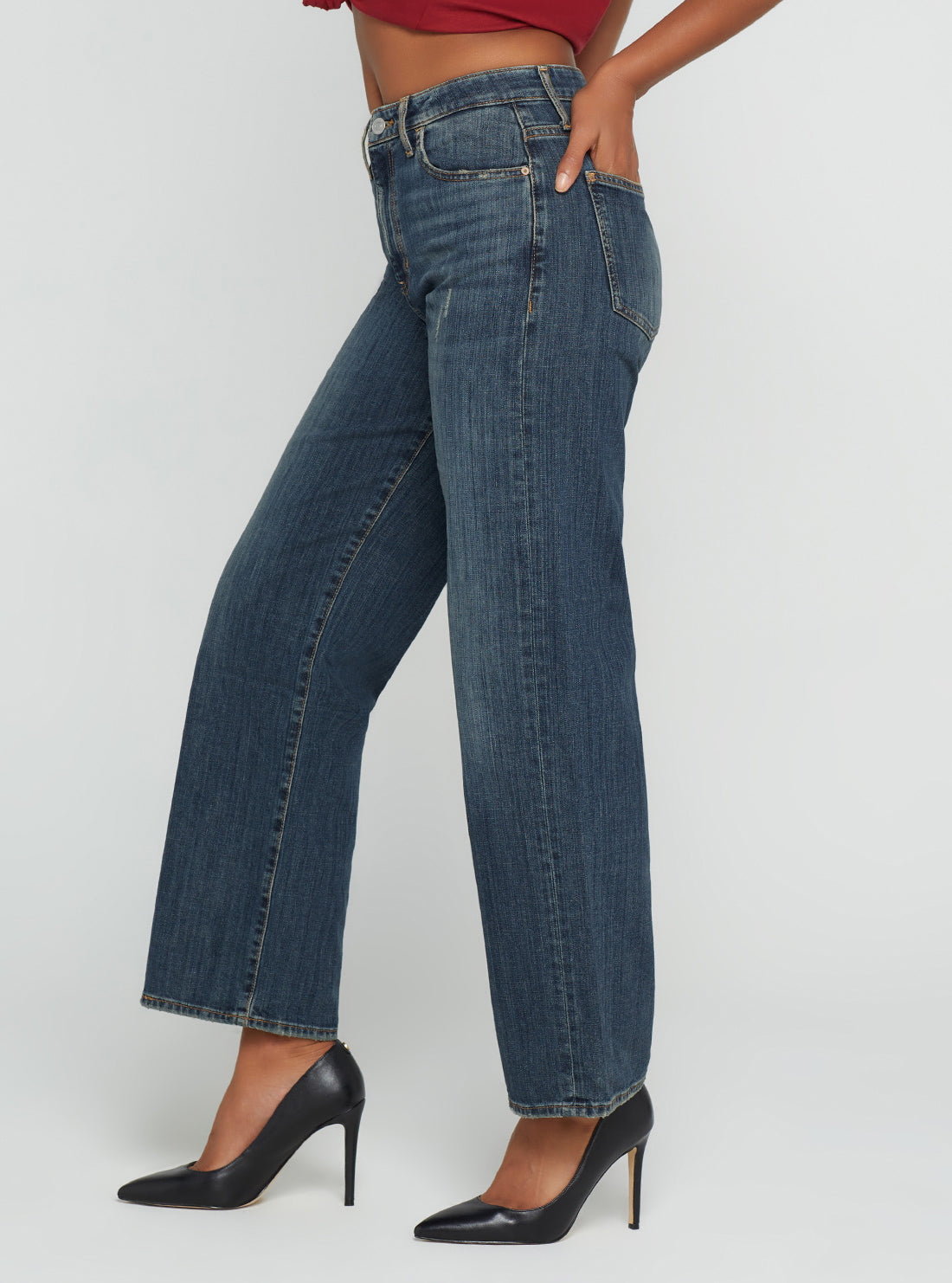 GUESS Women's Eco High-Rise 90s Boyfriend Denim Jeans In Waterton Blue Wash W2BA60D4VM0 Side View