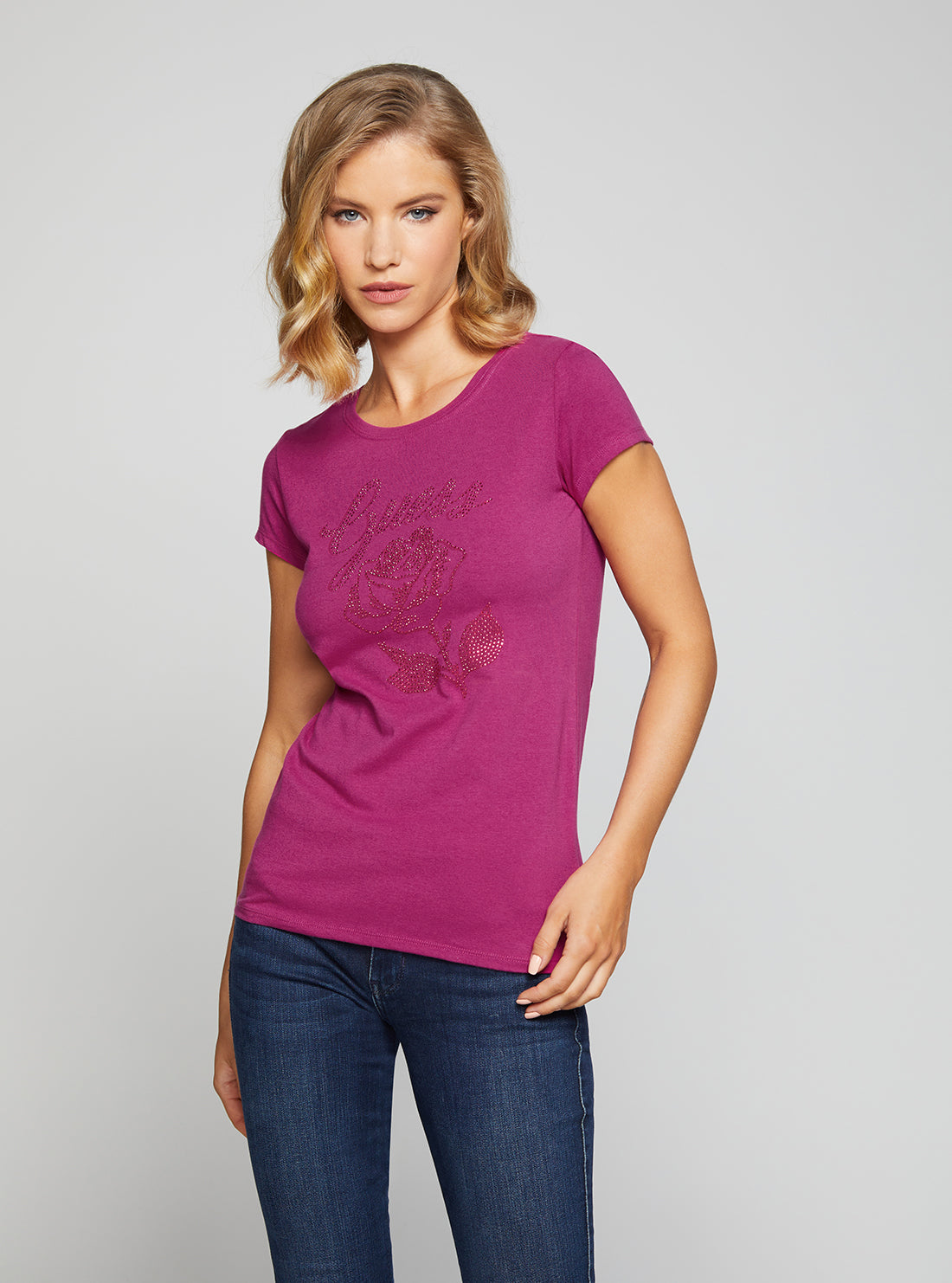 GUESS Women's Eco Magenta Rose Logo T-Shirt W2BI29KA0Q3 Front View
