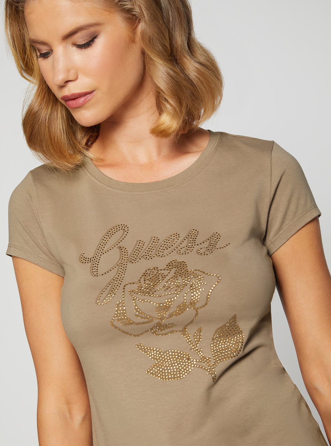 GUESS Women's Eco Stone Taupe Rose Logo T-Shirt W2BI29KA0Q3 Detail View