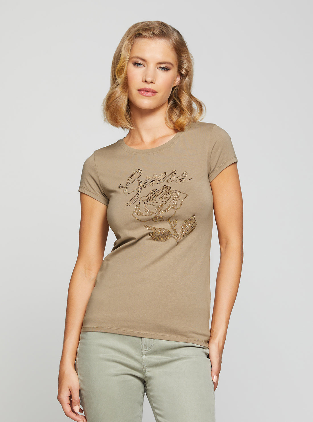 GUESS Women's Eco Stone Taupe Rose Logo T-Shirt W2BI29KA0Q3 Front View