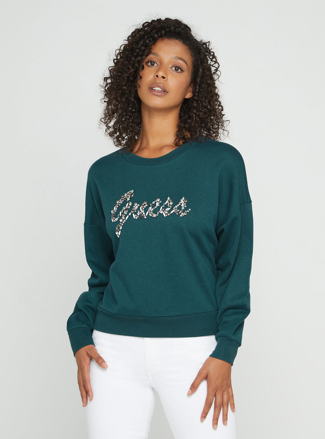 GUESS Women's Eco Teal Manila Logo Jumper W2BQ24K8802 Front View