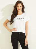 GUESS Women's Eco White 1981 Roll Cuff Logo T-Shirt W2BI68K8G01 Front View