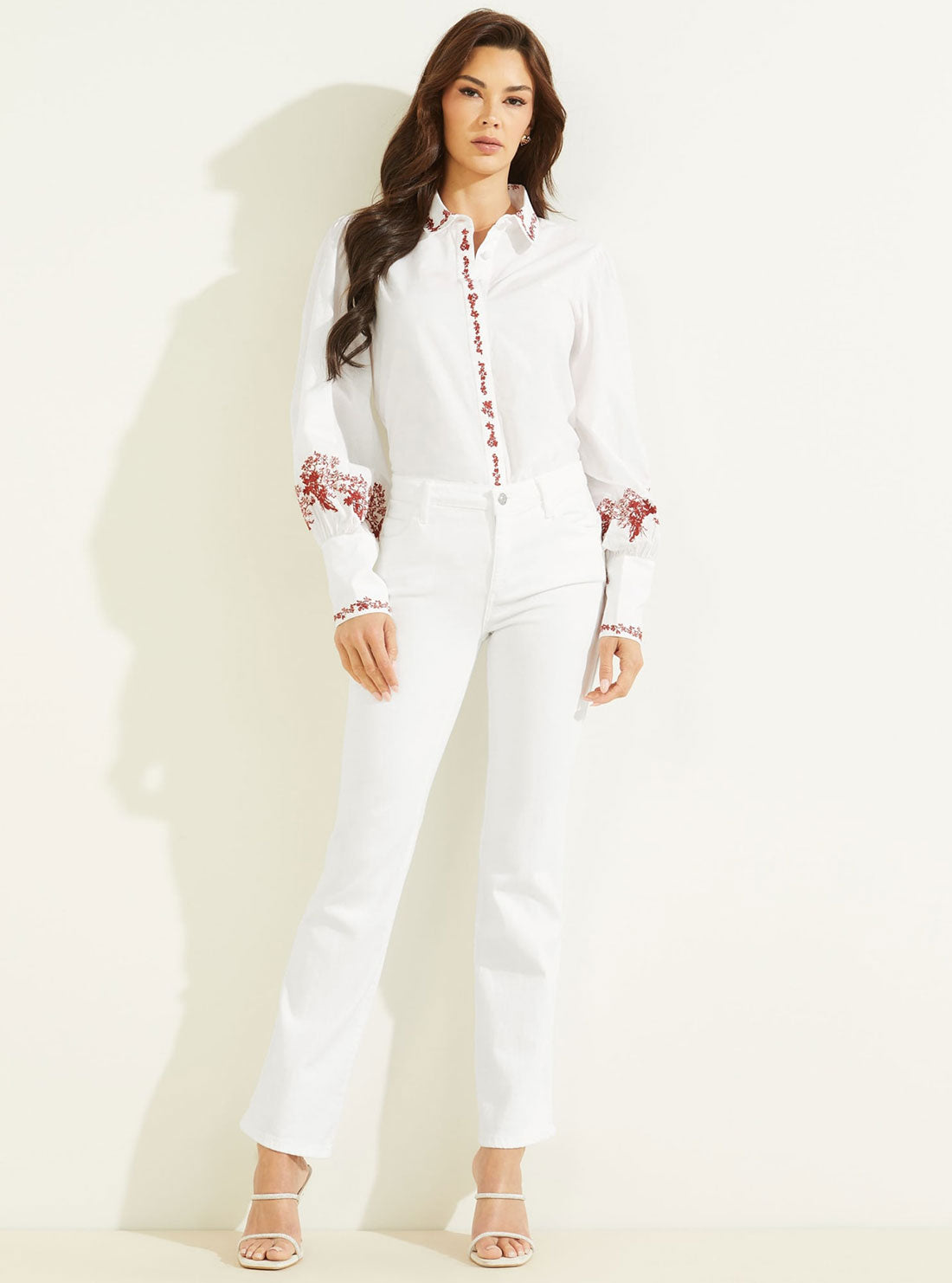 GUESS Women's Eco White Ravin Embroidered Shirt W2BH80WFA10 Full View