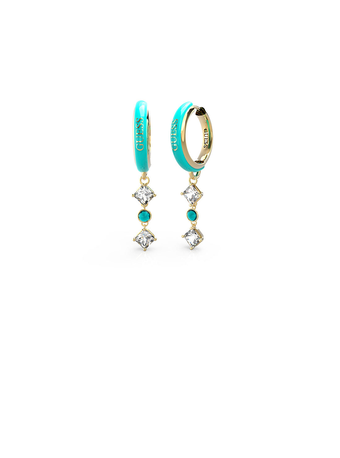 GUESS Women's Gold Aqua Crystal Charm Earrings JUBE03069JWYGAQT-U Front View