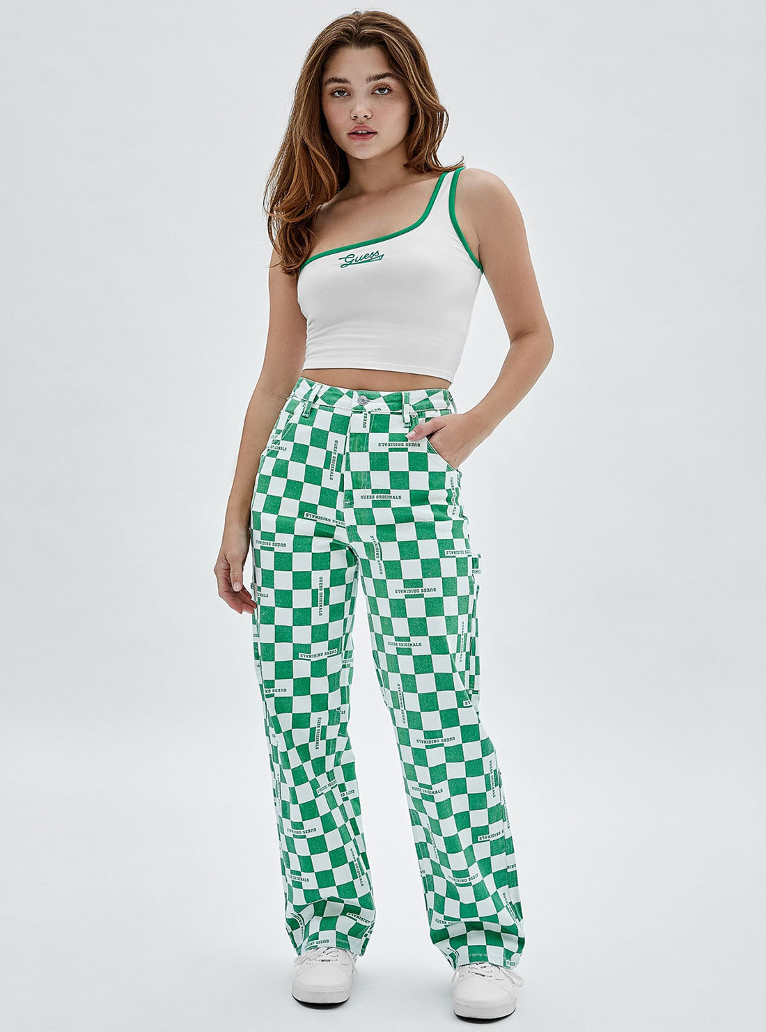 GUESS Women's Guess Originals Green Checkered Carpenter Pants W2YG10D4RG0 Full  View