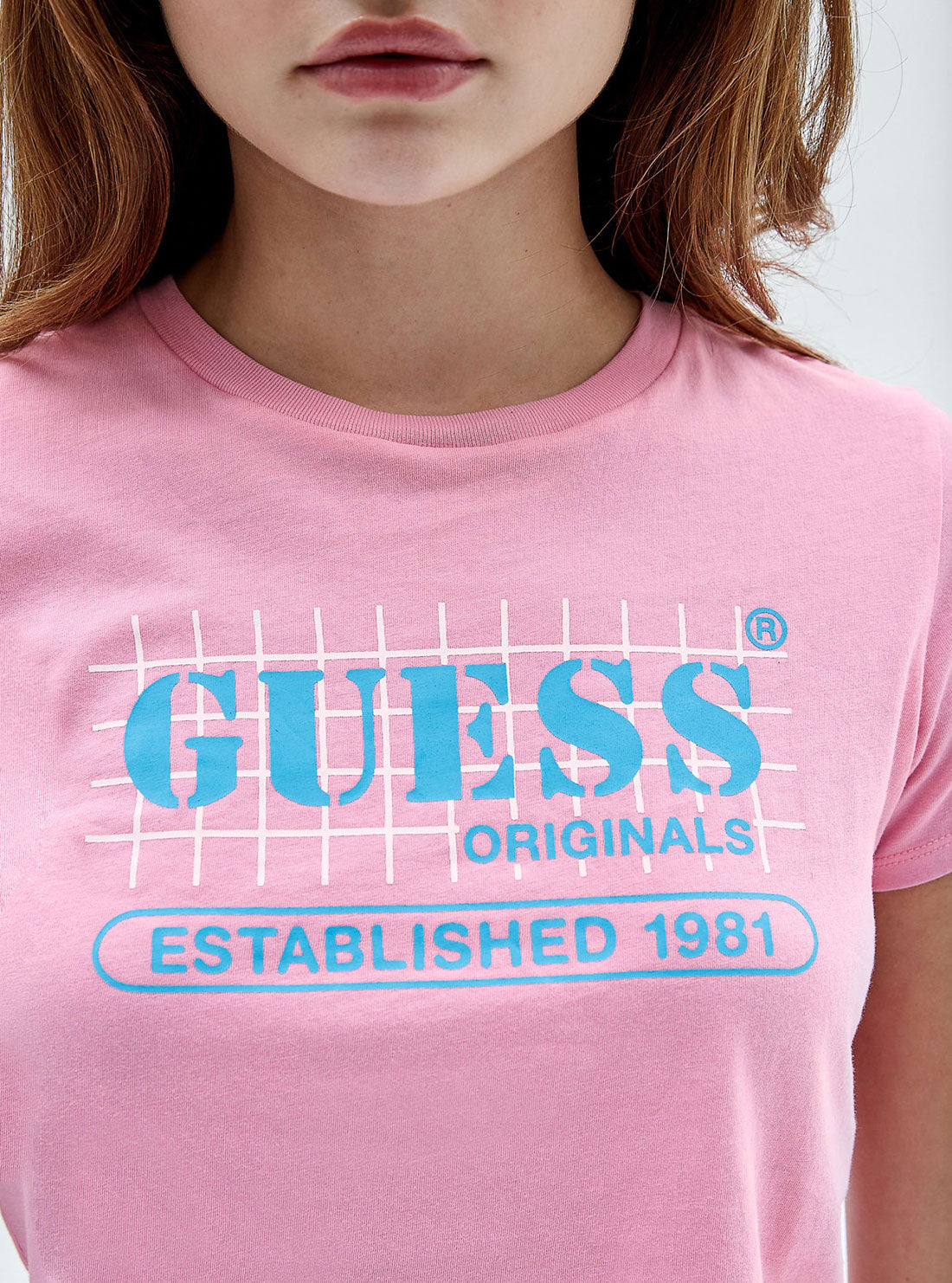 GUESS Women's Guess Originals Pink Raelyn Grid Crop Baby T-Shirt W2YI21K9RM1 Detail View