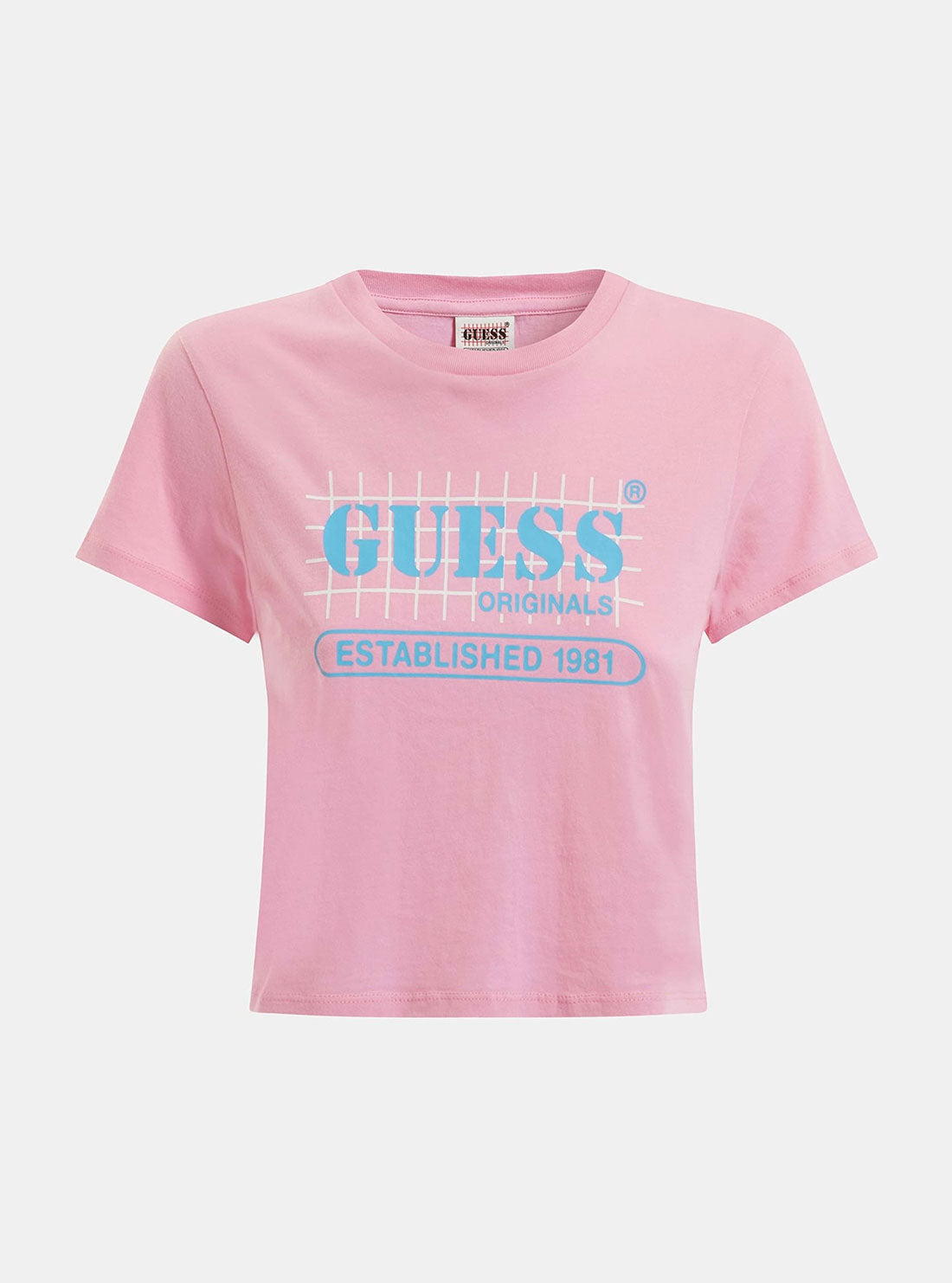 GUESS Women's Guess Originals Pink Raelyn Grid Crop Baby T-Shirt W2YI21K9RM1 Ghost Front View