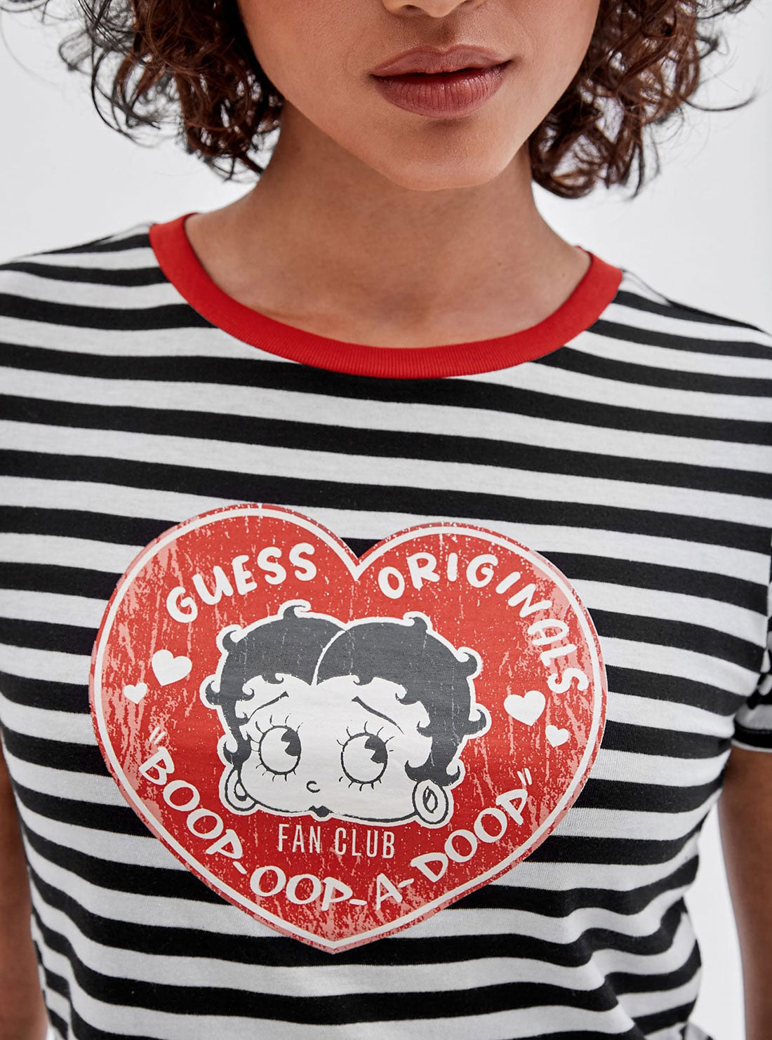 GUESS Women's Guess Originals x Betty Boop Black Striped Baby T-Shirt W2BP36KBA83 Detail View