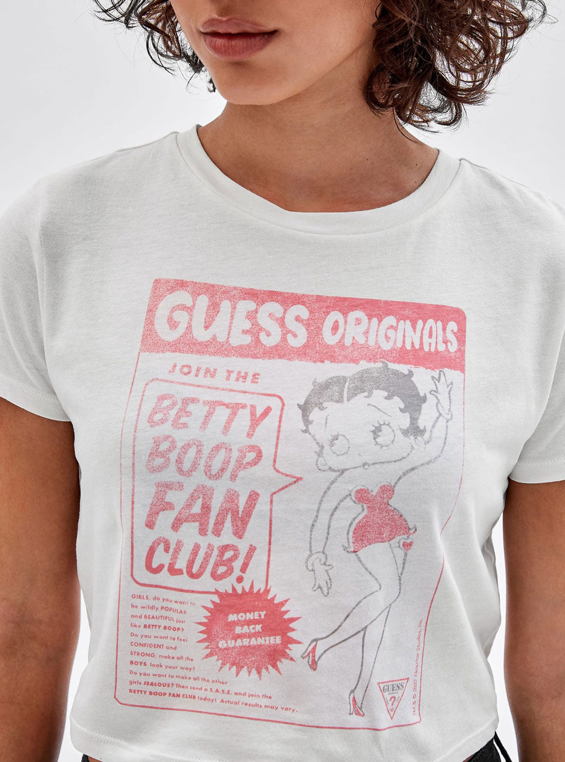 GUESS Women's Guess Originals x Betty Boop White Cropped Baby T-Shirt W2BP08K9RM3 Detail View