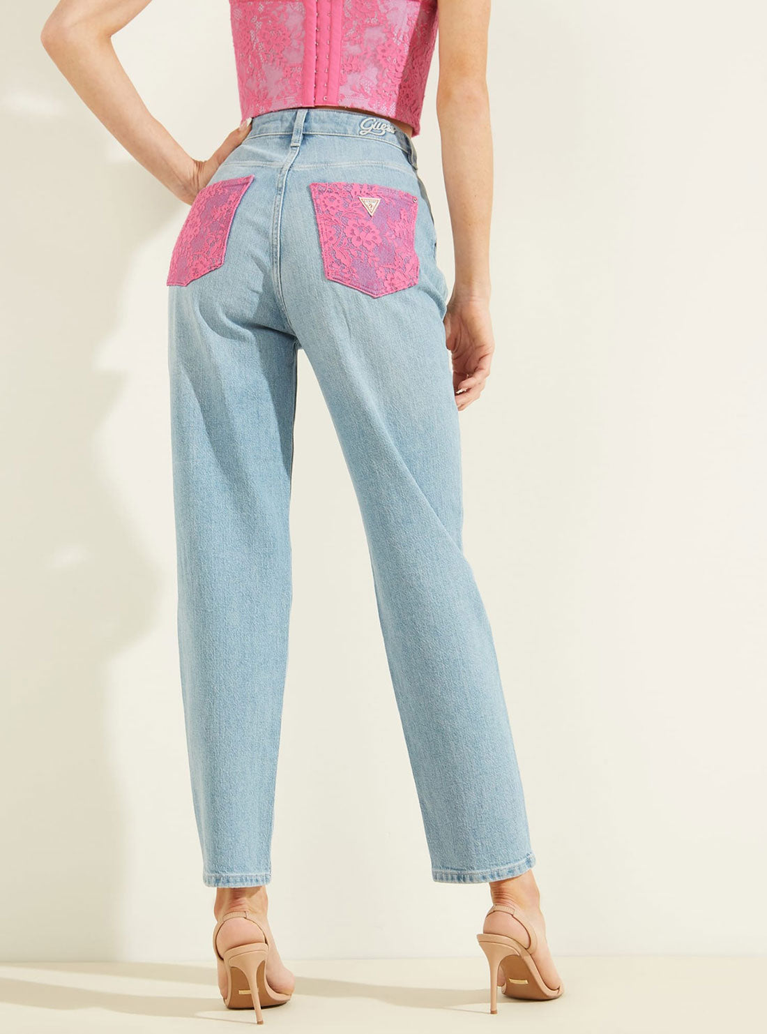 High-Rise Straight Leg Mom Exposed Denim Jeans In Uxia Lace Wash
