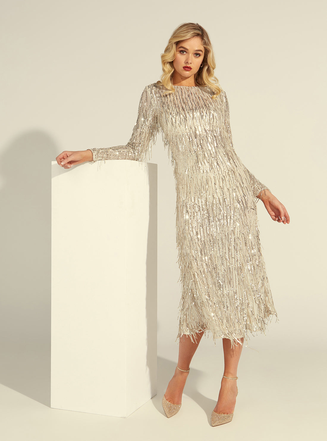 GUESS Women's Pearl Elodie Fringe Sequin Maxi Dress W3RK25KBJE0 Model View