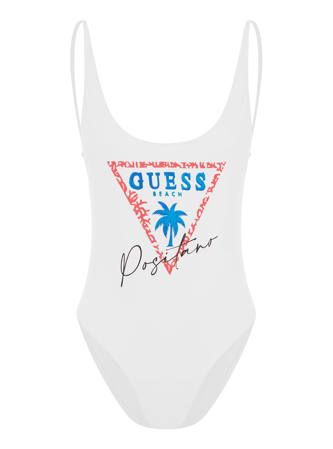GUESS Women's Positano White Palm Logo One-Piece Swimsuit E2GJ10LY00K Ghost Front View