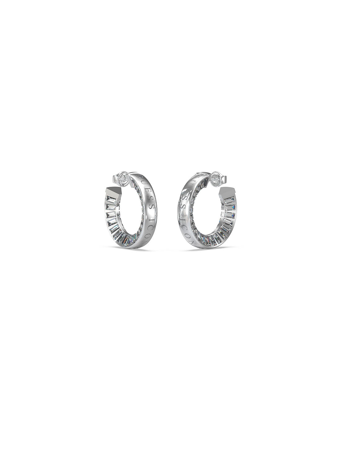 GUESS Women's Silver Crystal Baguette Hoop Earrings JUBE03008JWRHT Front View