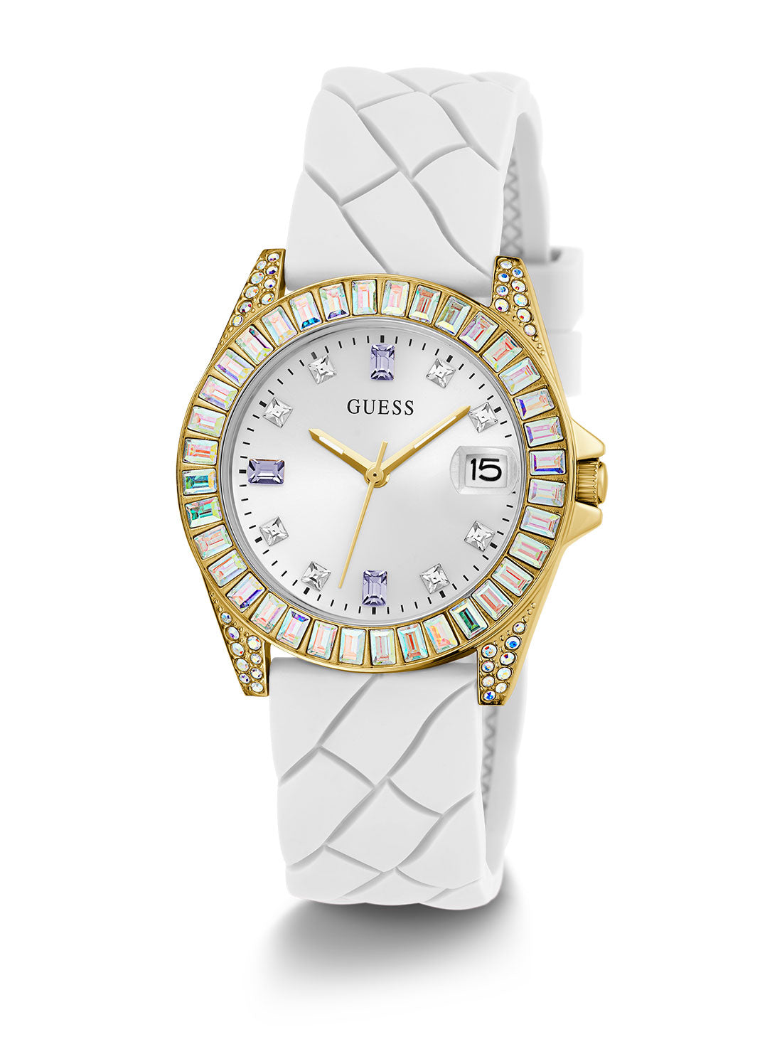 GUESS Women's White Opaline Crystal Silicone Watch GW0585L2 Full View