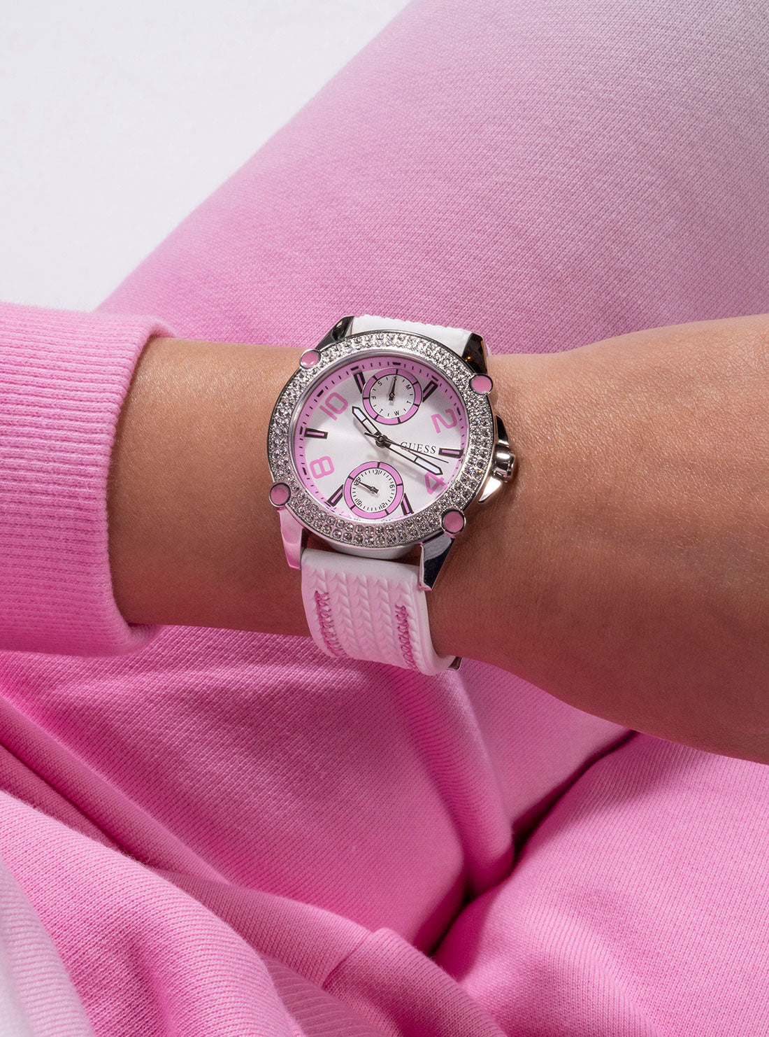 GUESS Women's White Pink Sporty Spice Silicone Watch GW0554L1 Wrist View