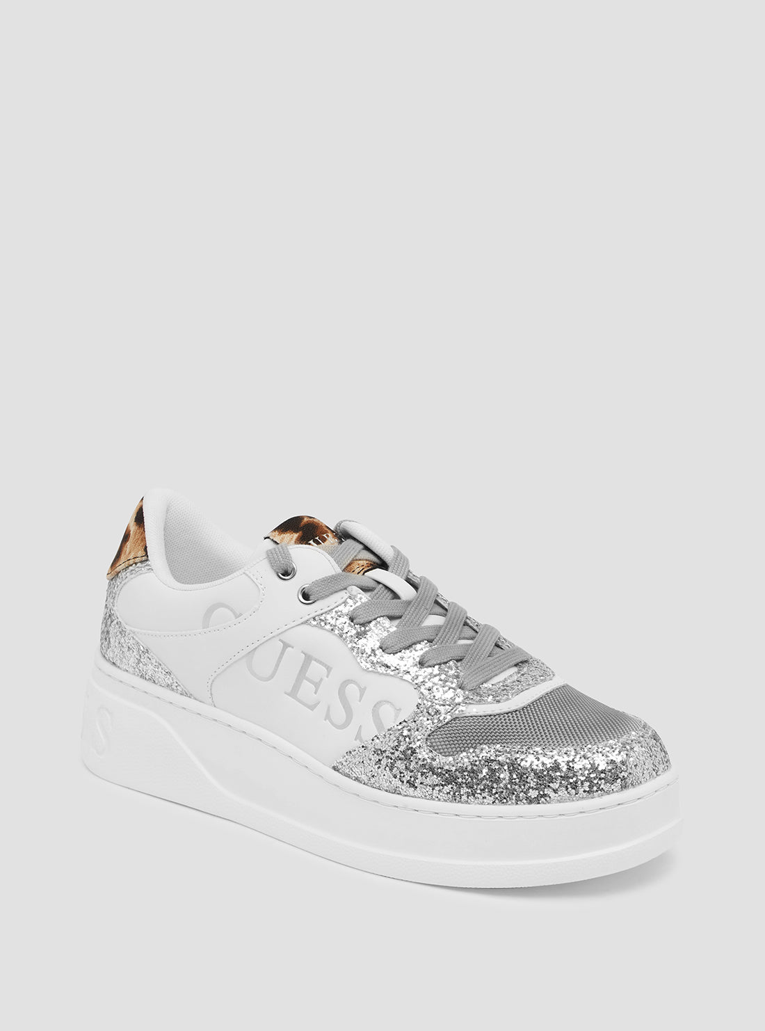 GUESS Women's White Silver Leopard Cleva Low Top Sneakers CLEVA Front View