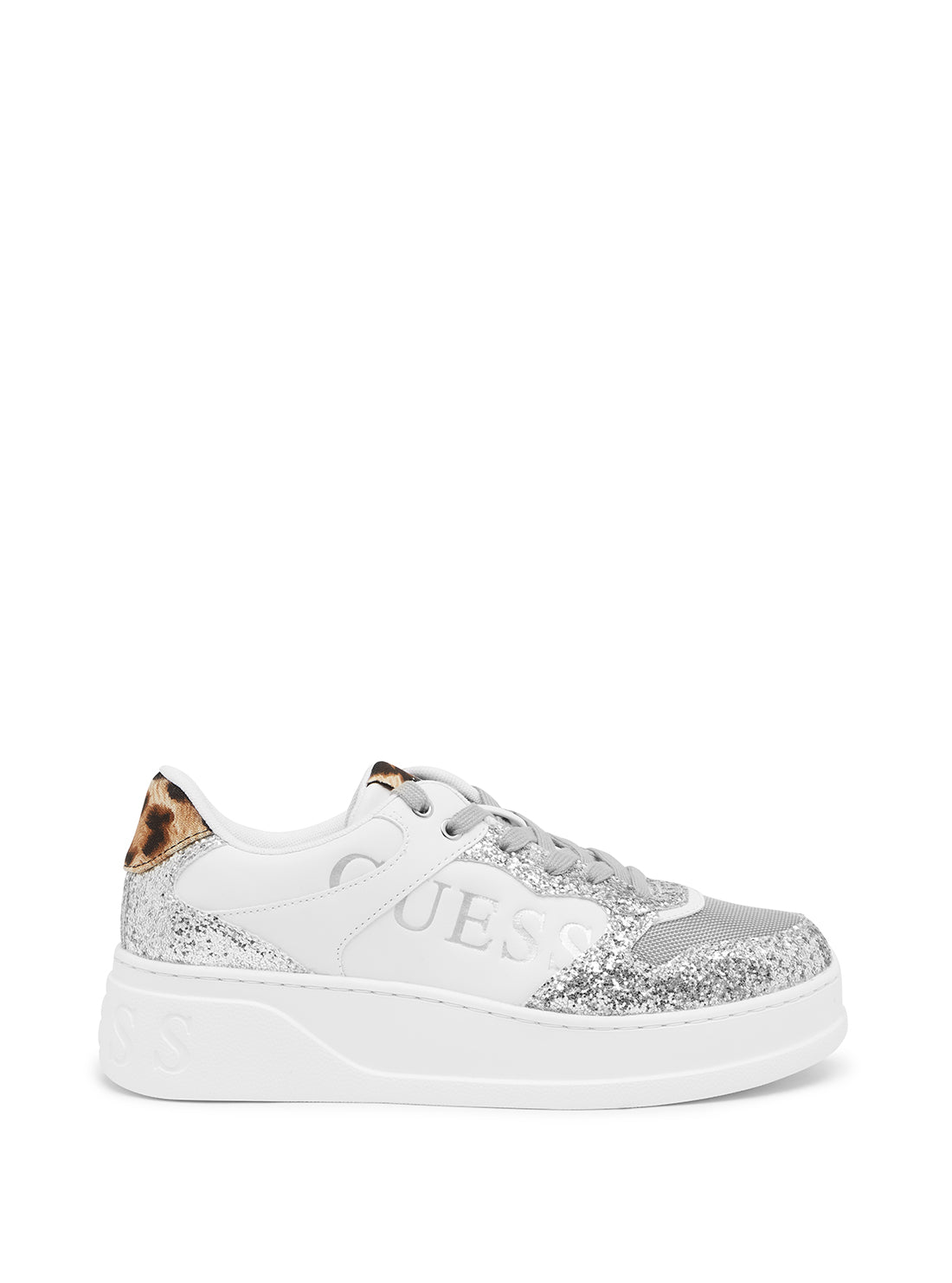 GUESS Women's White Silver Leopard Cleva Low Top Sneakers CLEVA Side View
