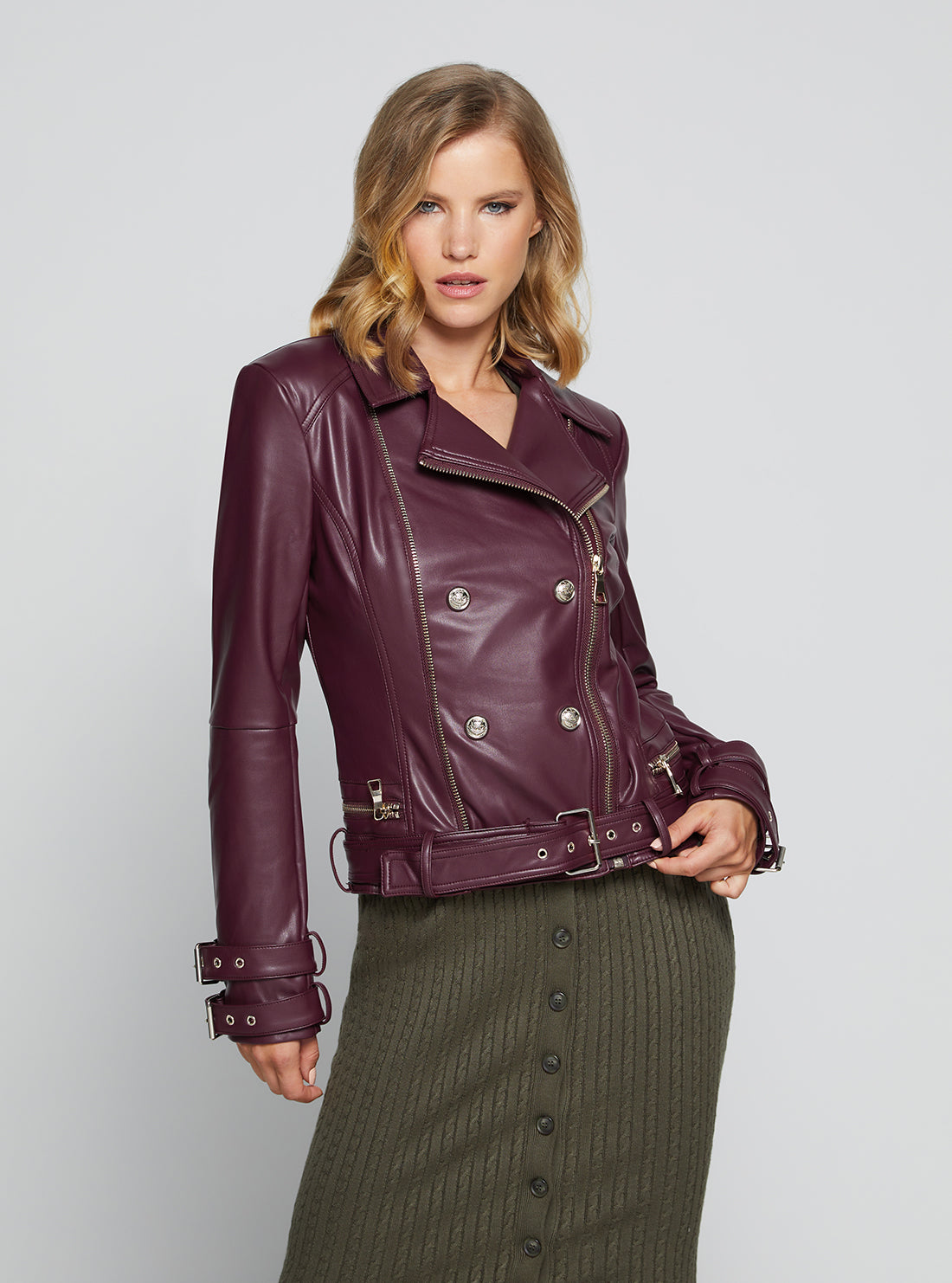 GUESS Women's Wine Olivia Moto Jacket W1GL01R8S32 Front View