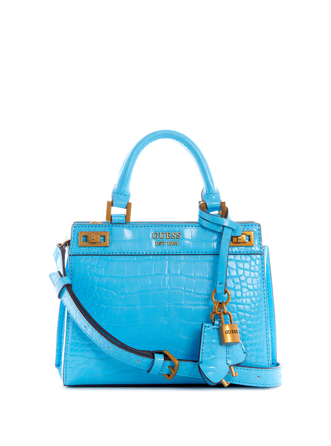 GUESS Womens Blue Katey Croc Mini Satchel Bag CB849473 Front View