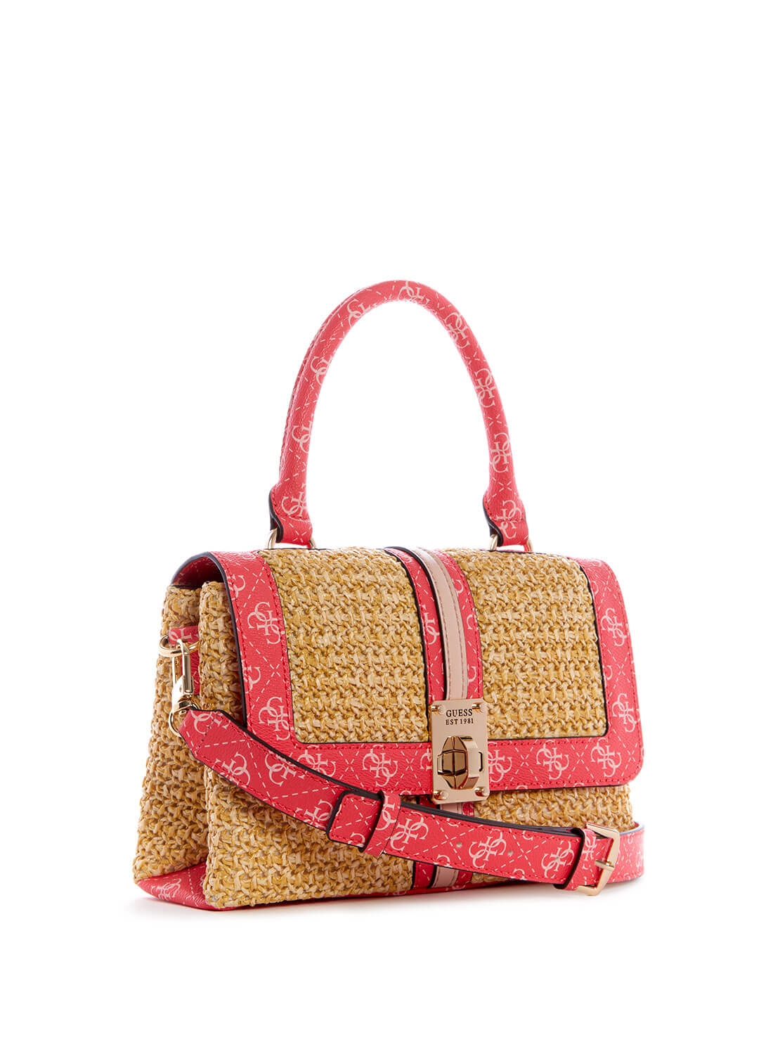 GUESS Womens Pink Multi Logo Kasinta Raffia Satchel Bag SG841720 Front Side View