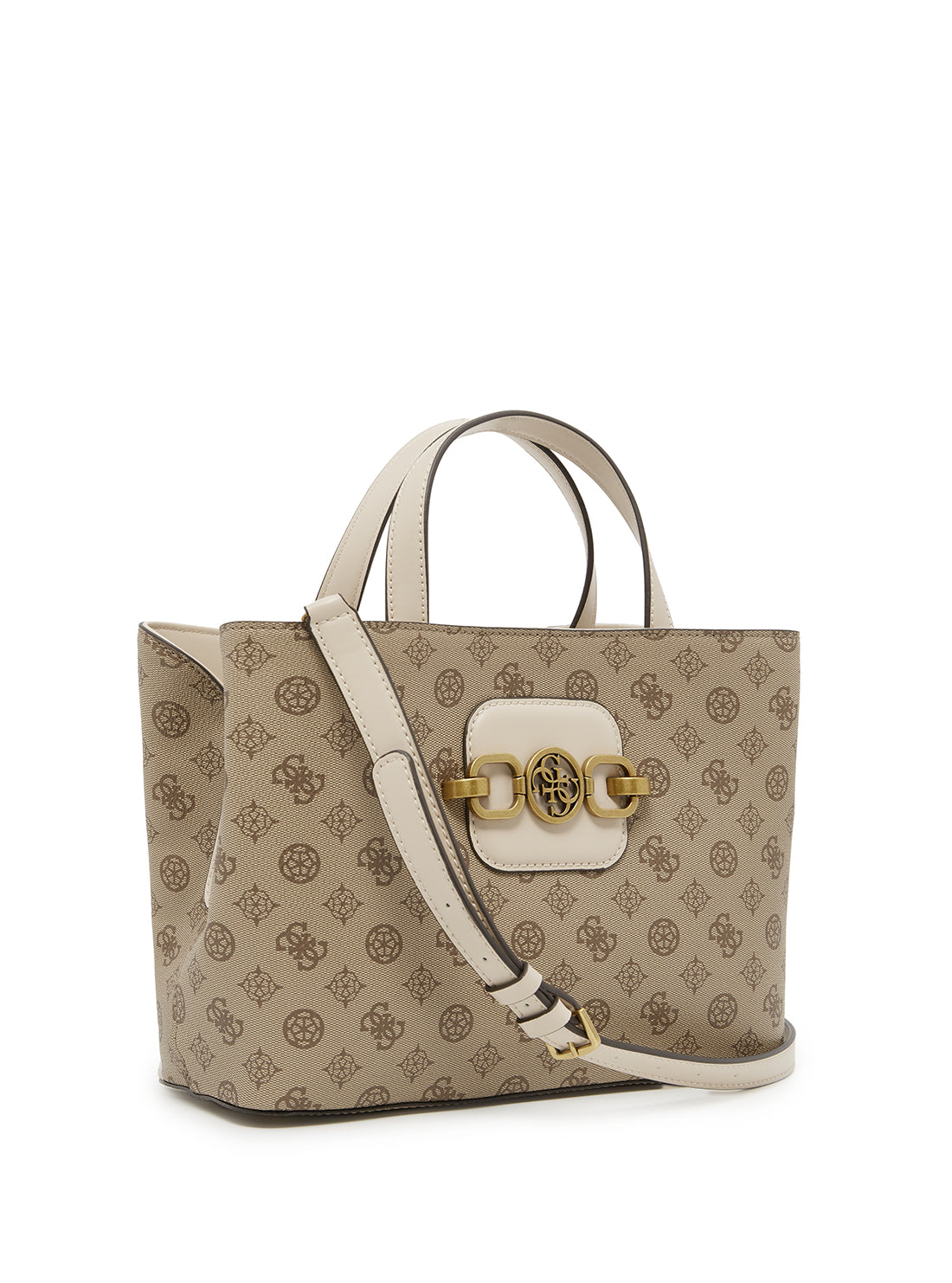 GUESS Womens  Beige Multi Print Hensely Logo Girlfriend Satchel  BB837807 Front Side View
