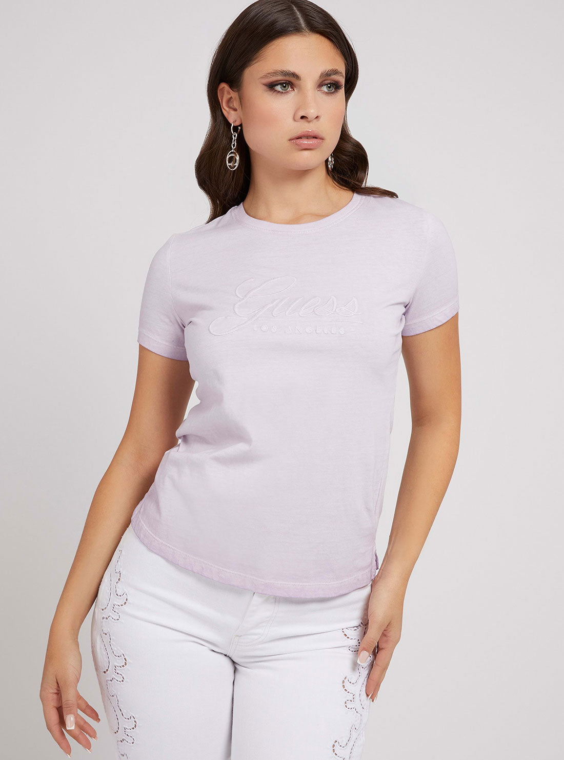 GUESS Womens Lilac Purple Tizzy Logo T-Shirt W2GI09I3Z00 Front View