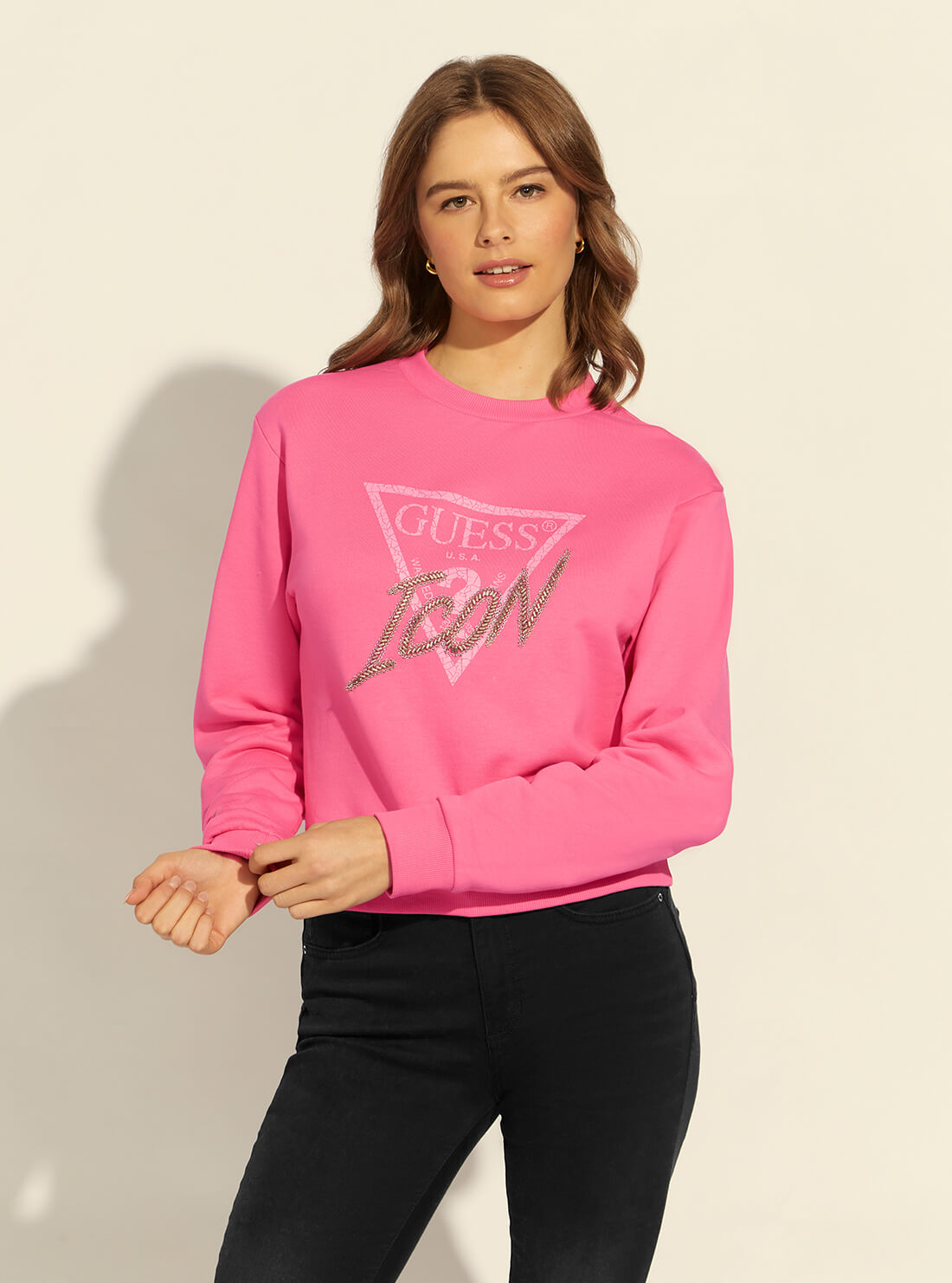 GUESS Womens Pink Guess Icon Logo Jumper W2RQ20K68I0 Model Front View