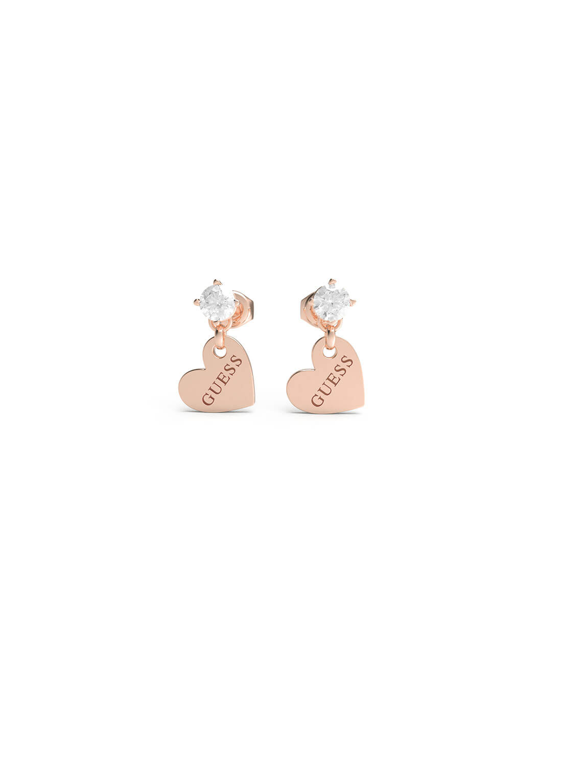 GUESS Women's Rose Gold Heart Logo Crystal Stud Earrings Front View