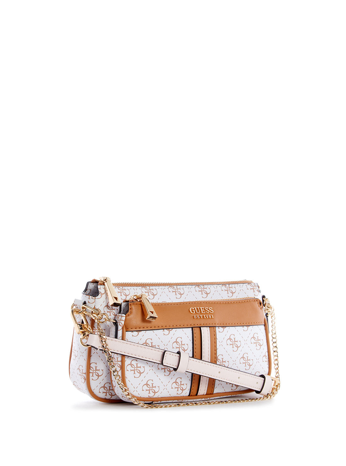 GUESS Womens White Caramel Kasinta Double Zip Crossbody Bag SG840570 Front Side View