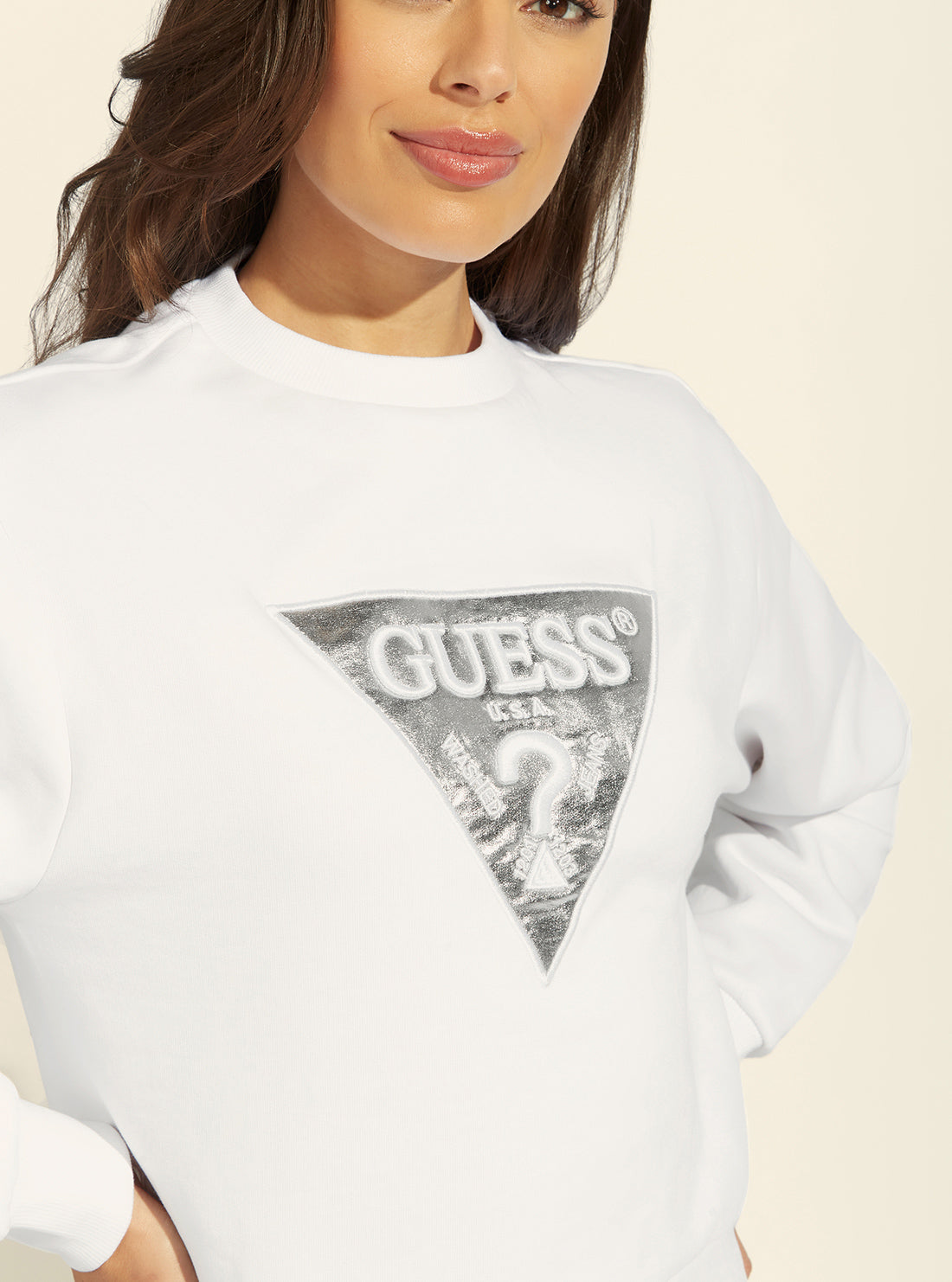 GUESS Womens White Zhana Metallic Logo Jumper Detail View