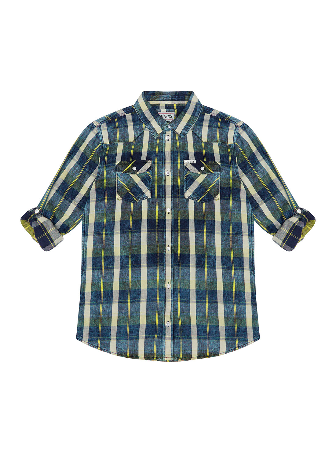GUESS Big Boy Blue Multi Check Long Sleeve Mini Me Shirt (7-16) L1BH11D4F21 Front View
