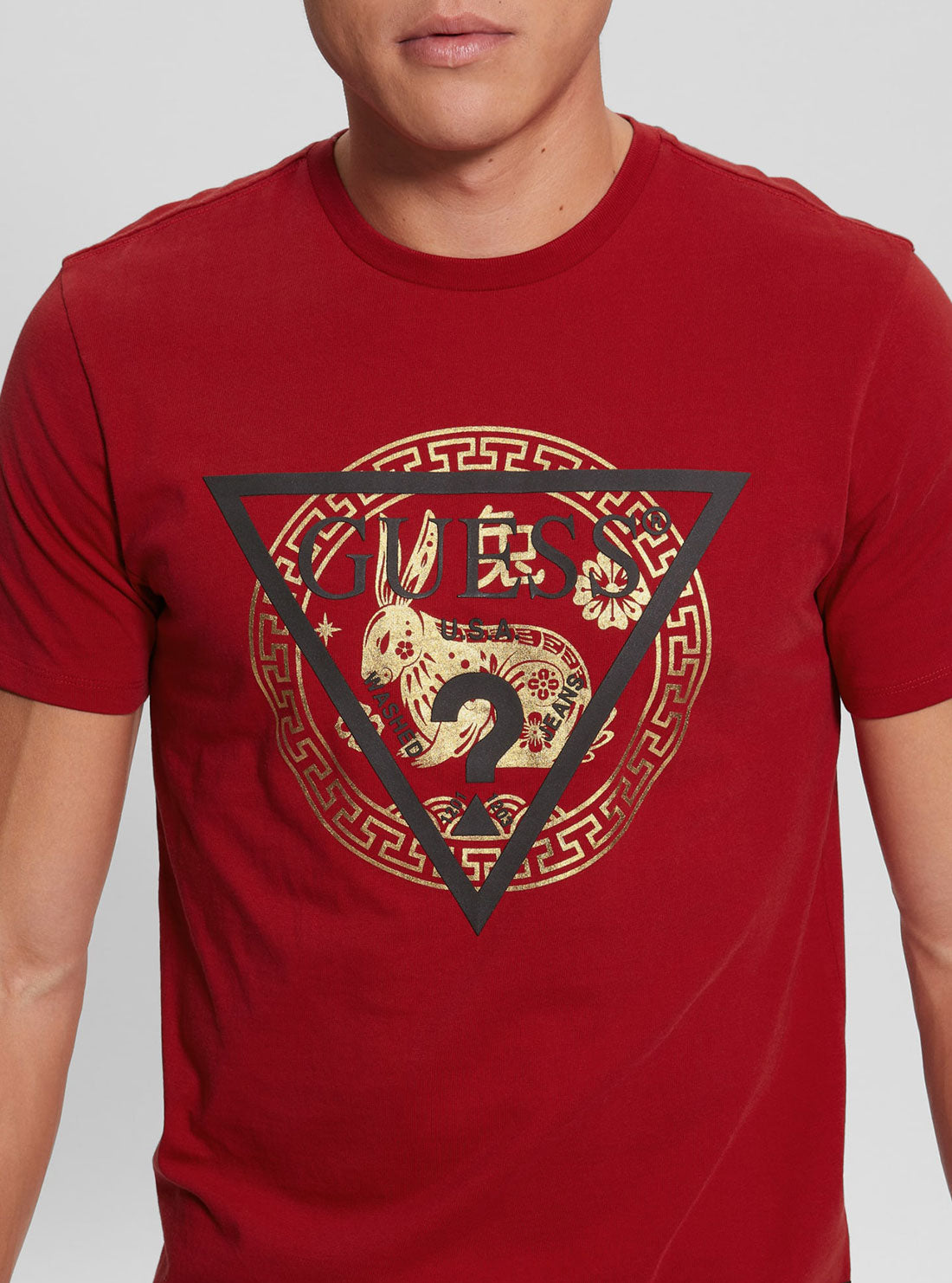 GUESS Men's Red Golden Rabbit Logo T-Shirt Detail View