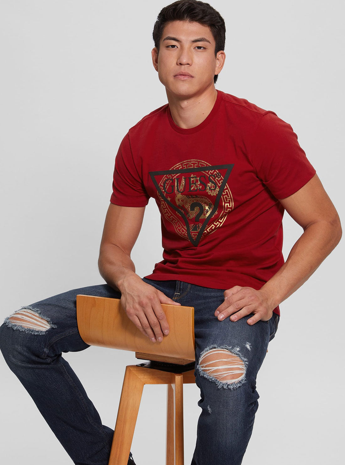 GUESS Men's Red Golden Rabbit Logo T-Shirt Seated View