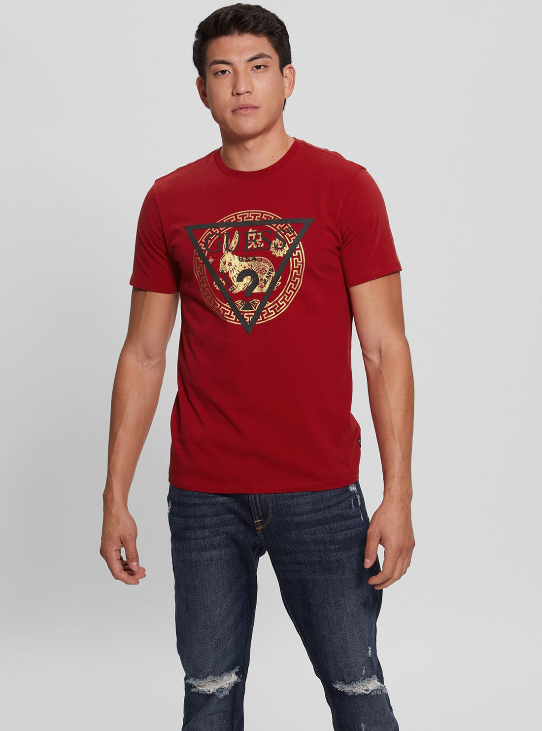 GUESS Men's Red Golden Rabbit Logo T-Shirt Front View